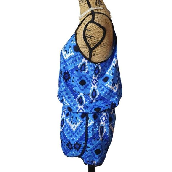 Harmony + Havoc Womens Romper L Blue Aztec Print Boho Keyhole Tank Jumpsuit Chic - Picture 4 of 6
